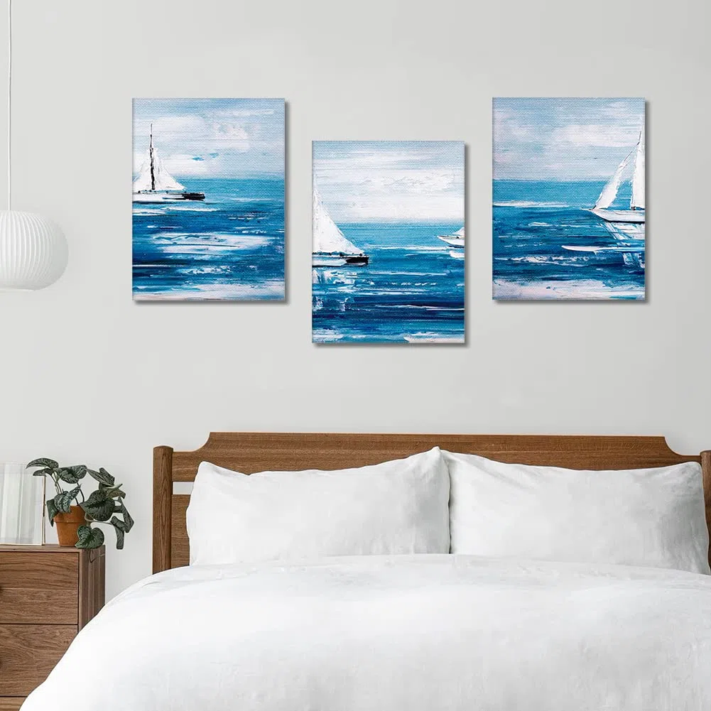 Artscope Stampe e Quadri su Tela 3 pz. Oceano Blu e Barca a Vela Immagine Fotografia Murale Tela Wall Art Bel Regalo per Home Decor Ristorante Cucina Regalo di Anniversario Compleanno 30x40CM