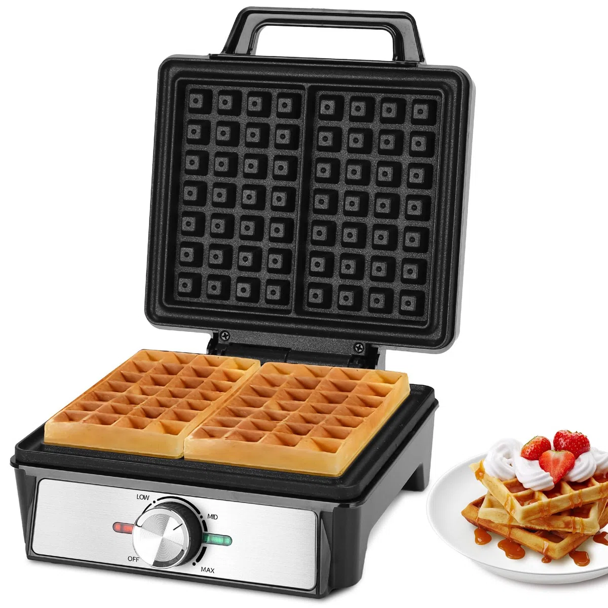 Aigostar Waffle Maker per 2 Waffle Belgi, 1600W, Piastre Antiaderenti 20,2 x 17,2 x 2 cm, Piastra per Waffle con Temperatura Regolabile, Indicatore LED, Design Compatto in Acciaio Inox, Senza BPA