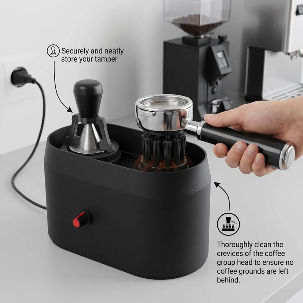 Pulitore portafiltro automatico, kit di pulizia portafiltro per caffè con spazzola dedicata e supporto stabile per portafiltri Espresso