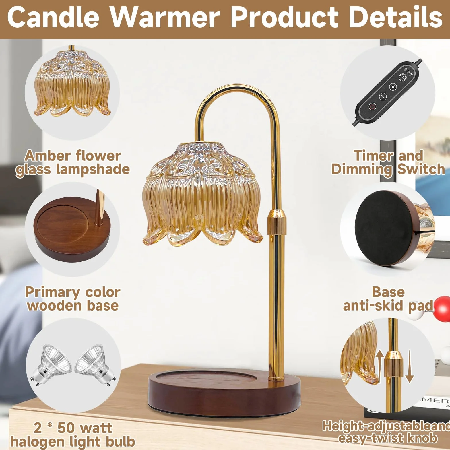 Lampada Scaldacandela Dimmerabile con Timer e Altezza Regolabile Senza Fiamma per Candele in Vaso Elettrico