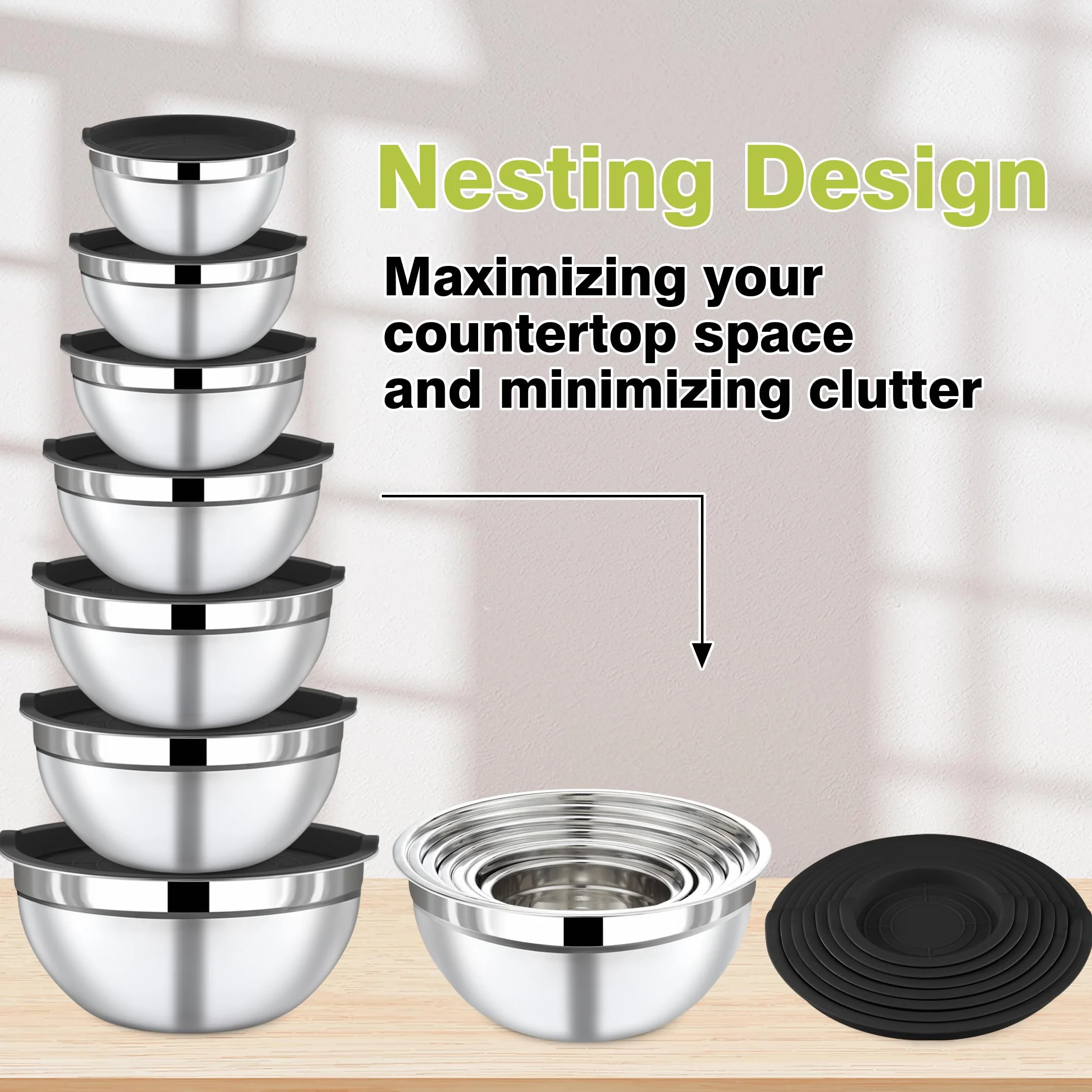 BEWOS Set di 7 Insalatiera con Coperchio - Ciotole Acciaio Inox Cucina Set con Grattugia, Ciotole Cucina Lavabile in Lavastoviglie, Misure 0,74, 1,16, 1,59, 2,00, 2,75, 3,38, 4,54 QT per Mescolare