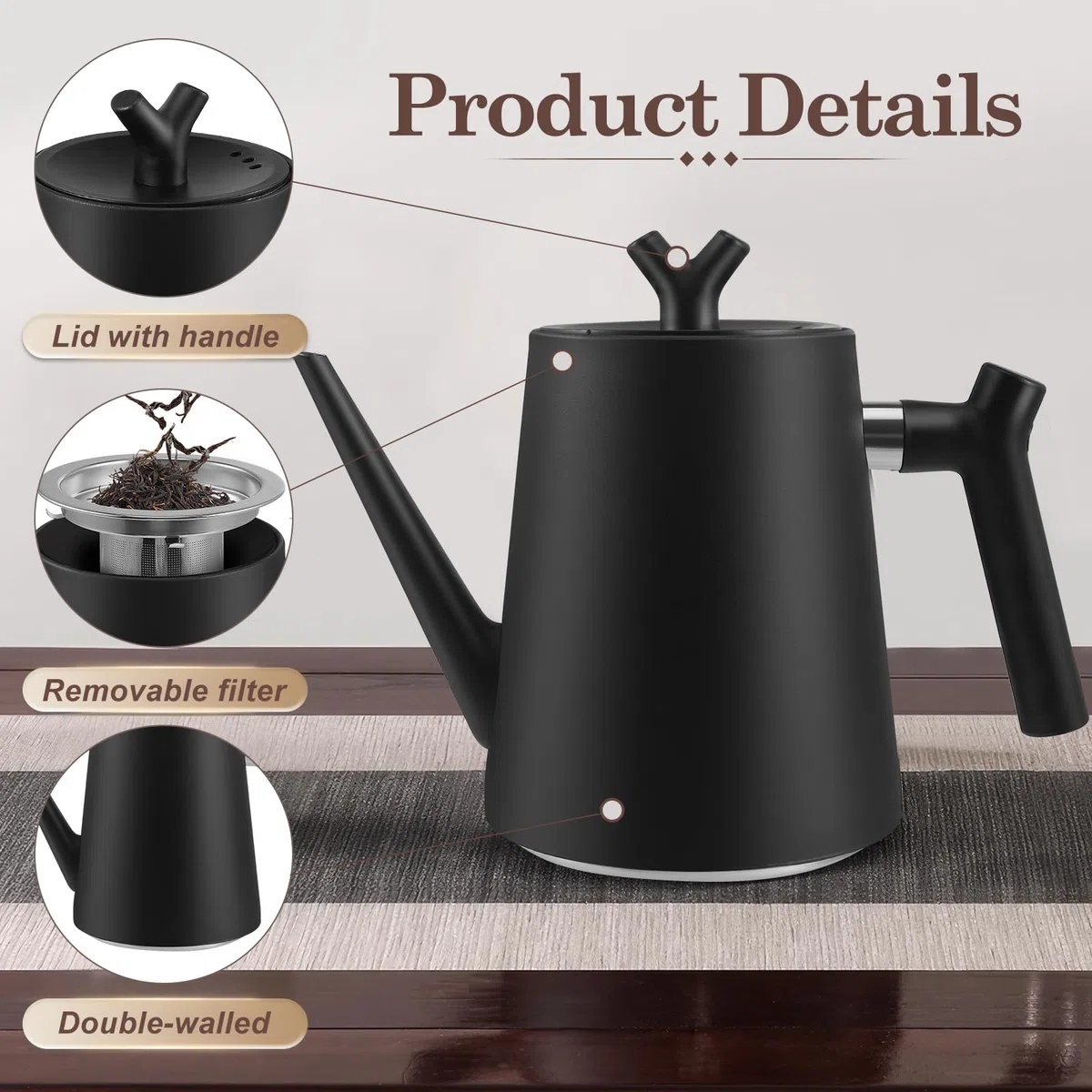 Teiera termica con colino da tè, 1,5 litri, in acciaio inox, a doppia parete, colore nero, con filtro per tè e caffè, 100% antigoccia, adatta a tutti i piani cottura, design moderno