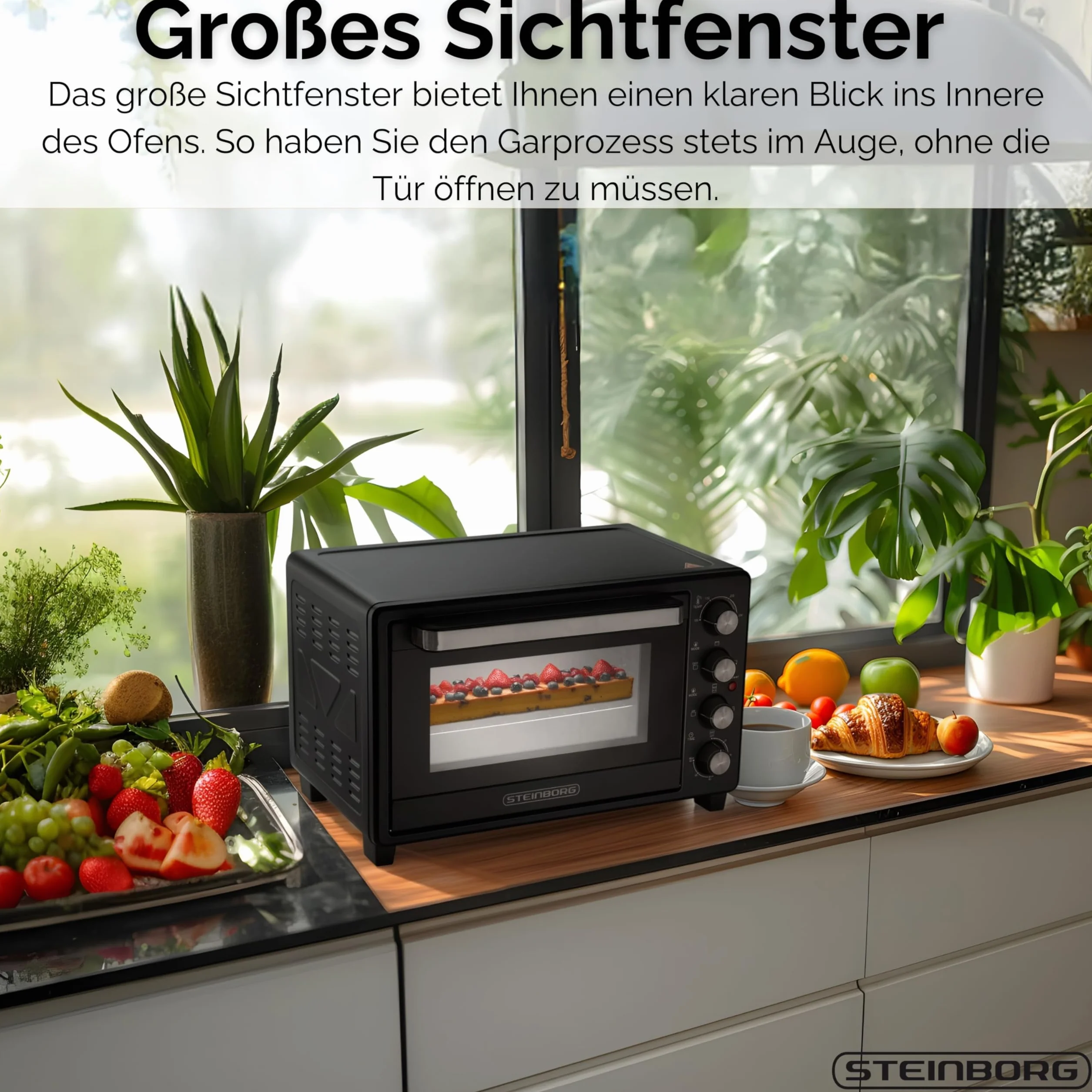 Steinborg Mini forno da 35 litri con convezione e spiedino, piastra per briciole, calore superiore e inferiore, 1.600 Watt, mini forno con timer, piccolo forno, autoportante, regolazione della