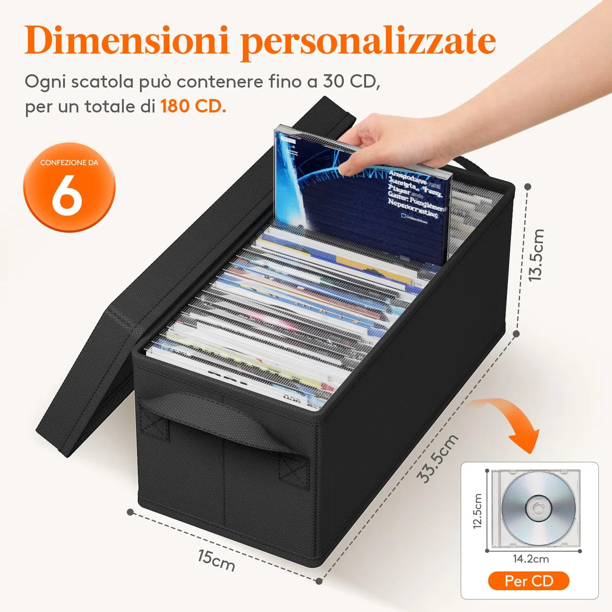 Lifewit Confezione da 6 Porta CD, Contenitori Impilabili con Coperchio Pieghevole per 180 CD (30 ciascuno), per Casa e Auto, Nero