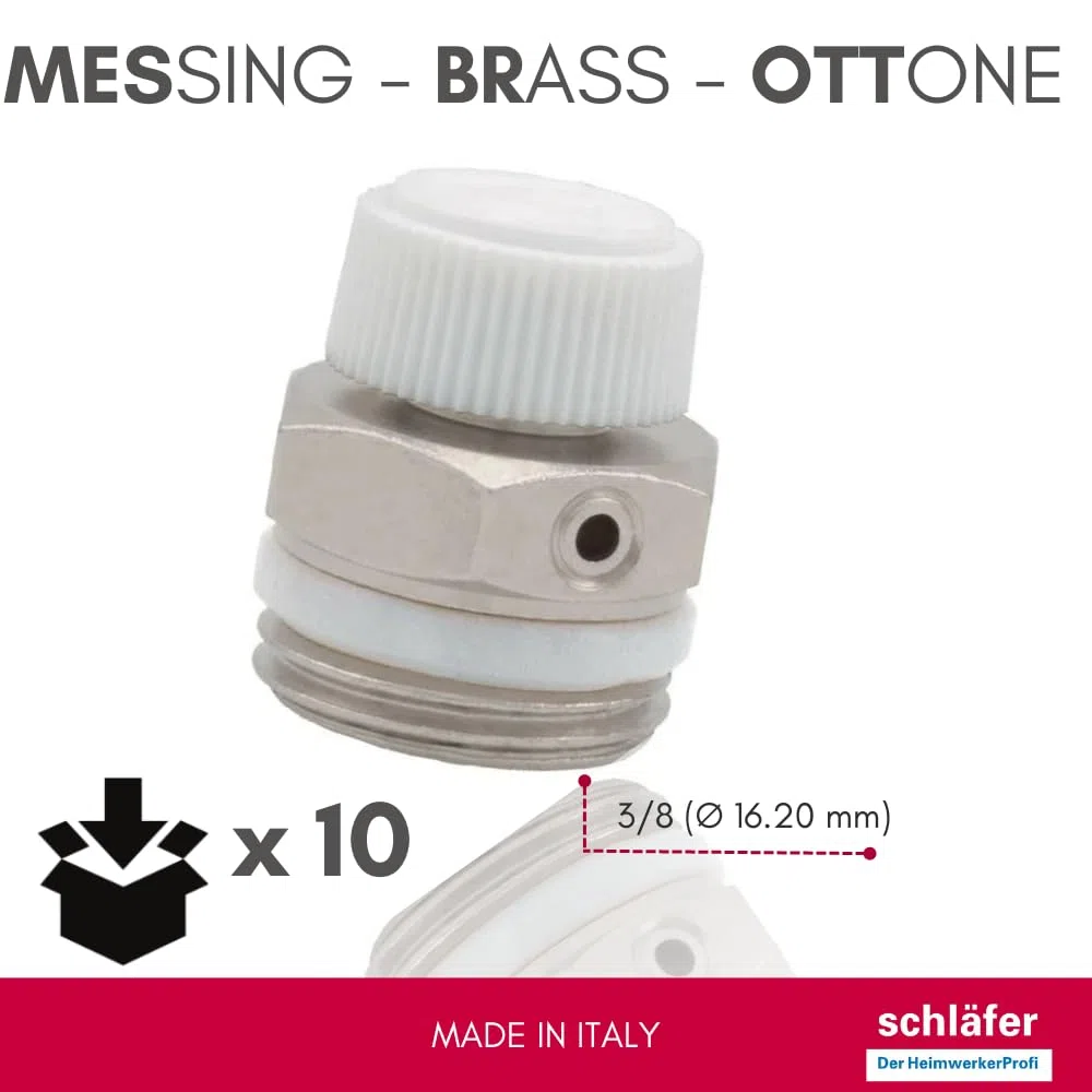 Schläfer - Valvole Sfiato Radiatore 3/8 Pollici (Ø16,7mm) | Valvolina Spurgo Manuale 704010 per Termosifoni e Scaldasalviette | Sfiato Aria Professionale Termoarredo | Ricambio Universale, Kit 10 Pz.