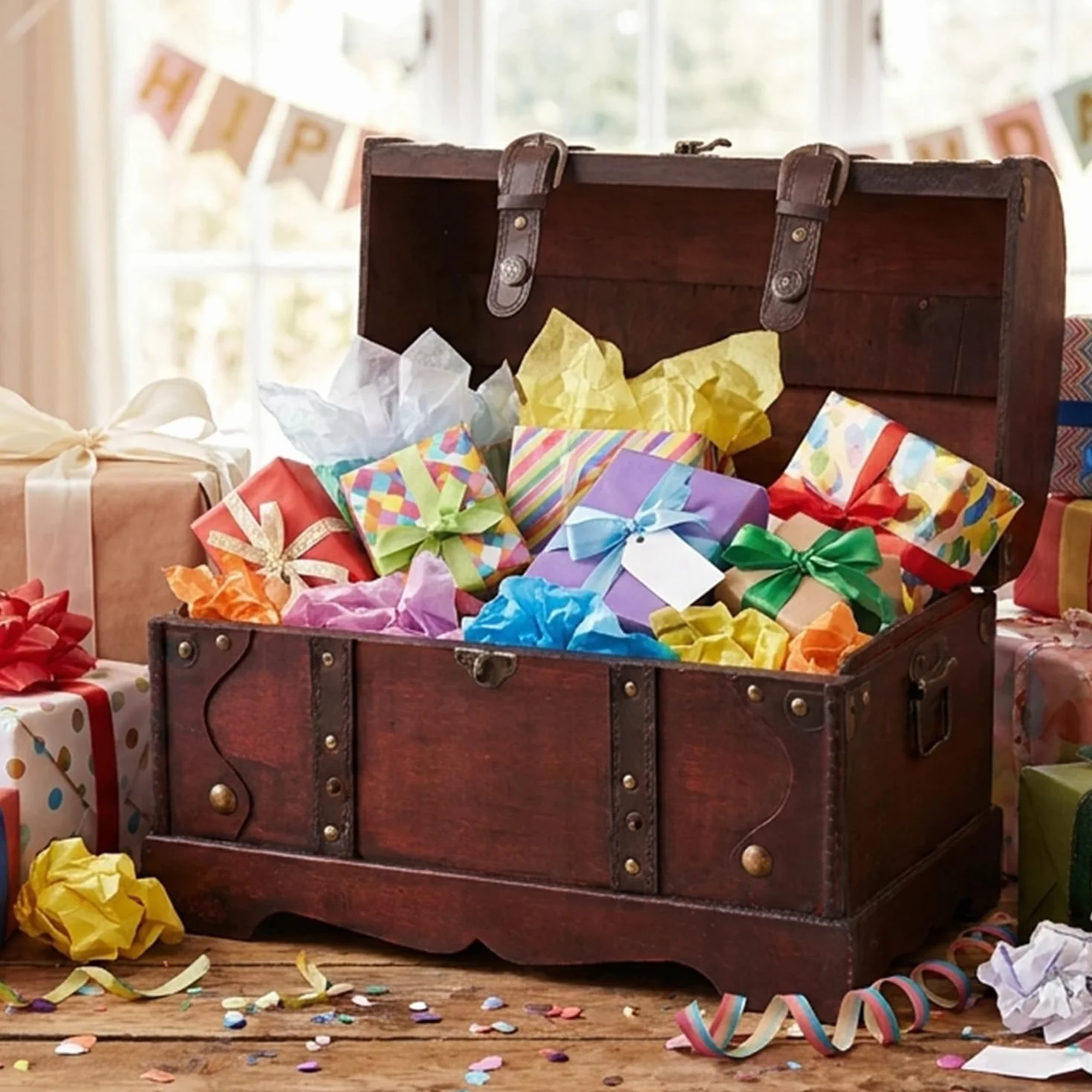 HMF Scrigno in Legno Grande con Serratura Decorativa, Cassa del Tesoro per Feste di Compleanno Bambini | 40 x 23 x 27 cm | Cambogia