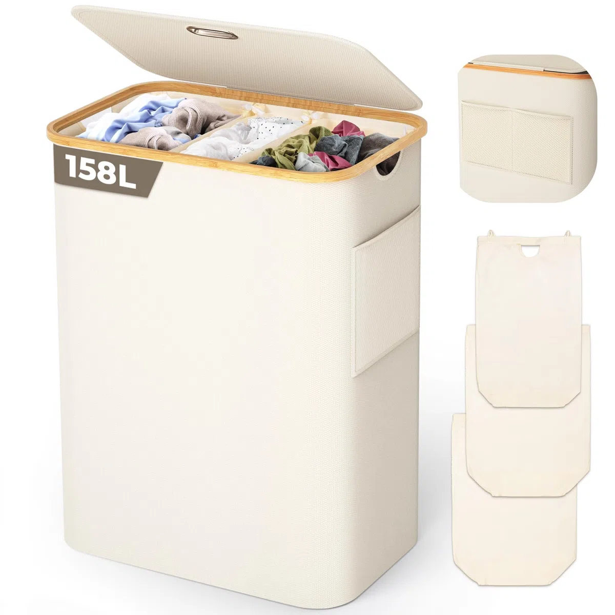 OUSFOT Cesto per la Biancheria con 3 Scomparti per Vestiti Sporchi Manico in bambù 158L con CoperchioTasca Posteriore Pieghevole in Rete Cesto per la Biancheria Beige