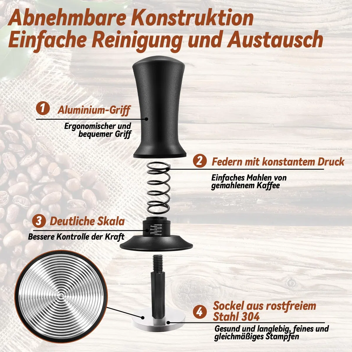 Tamper per caffè da 51 mm, con regolatore di pressione, set di tamper incluso strumento per tamper, in acciaio inox 304, con regolazione della scala