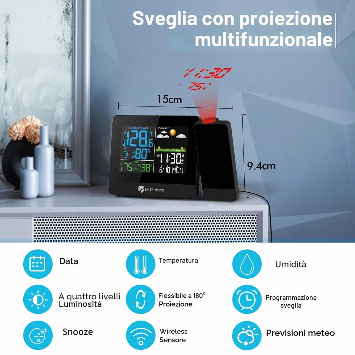 DR.PREPARE Sveglia con Proiettore Sveglia Proiezione Soffitto con Stazione Meteo Sensore Esterno Visualizza Temperatura Umidità Interna e Esterna per Camera da Letto Comodino.
