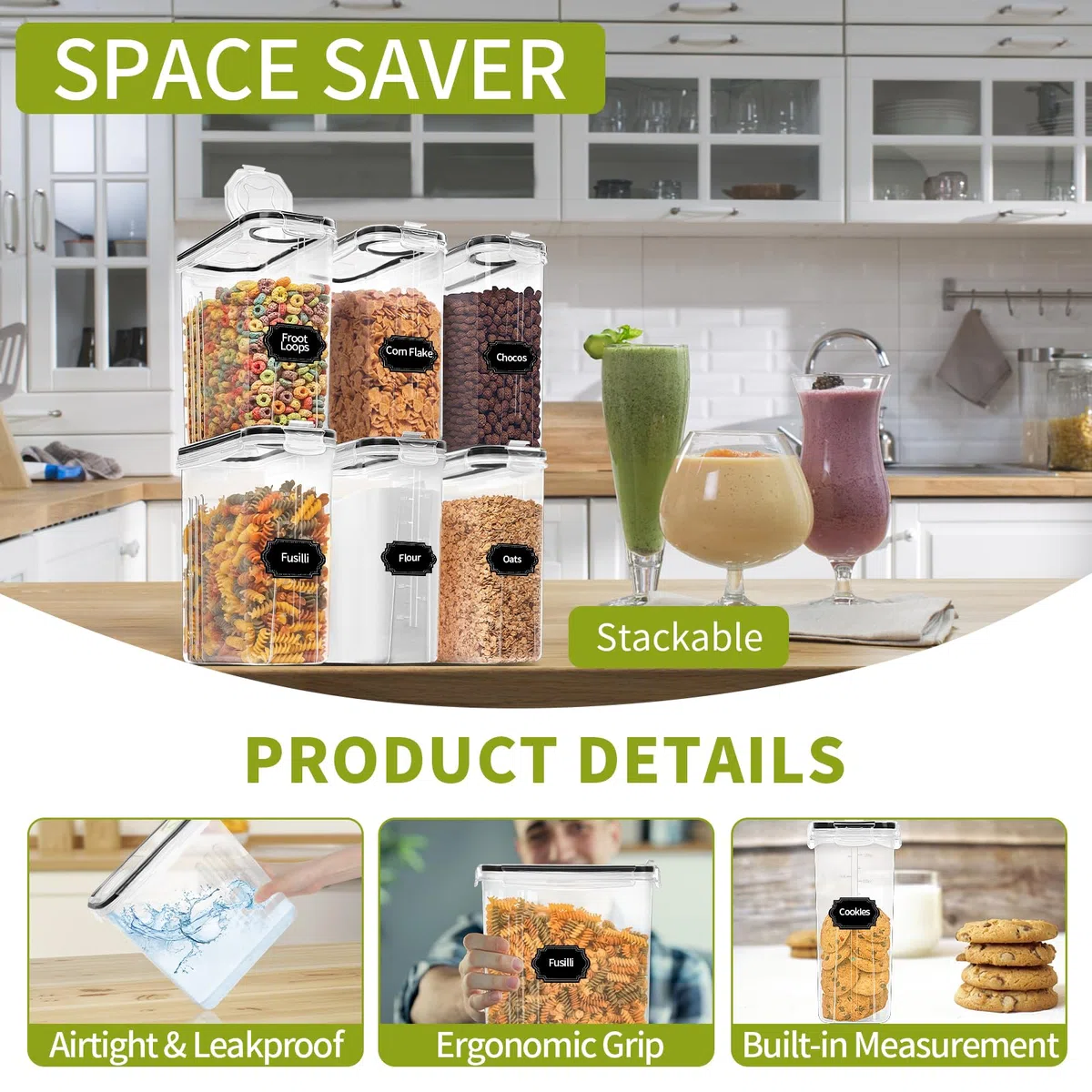 Skroam Set di 4 contenitori da 4L con 4, contenitore dosatore per cereali e contenitori salvafreschezza, contenitori in plastica senza BPA ermetici, per cereali, farina, zucchero
