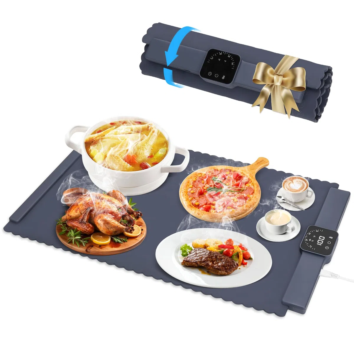 Vassoio Riscaldante Elettrico, Tappetino Riscaldante in Silicone Portatile, Vassoi Riscaldante Pieghevole Temperatura Regolabile Scaldavivande per Ristoranti, Feste, Eventi e Cene Domestiche (Blu)