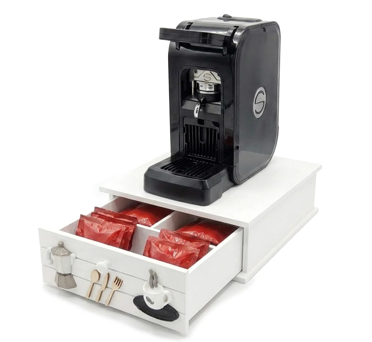 Cassetto Porta Cialde e Capsule Caffè in Legno, Base per Macchina Espresso, 33x27x11 cm, Cassettiera Salvaspazio Contenitore Box 3 Scomparti, Design Shabby Chic con Decorazioni 3D (Bianco)