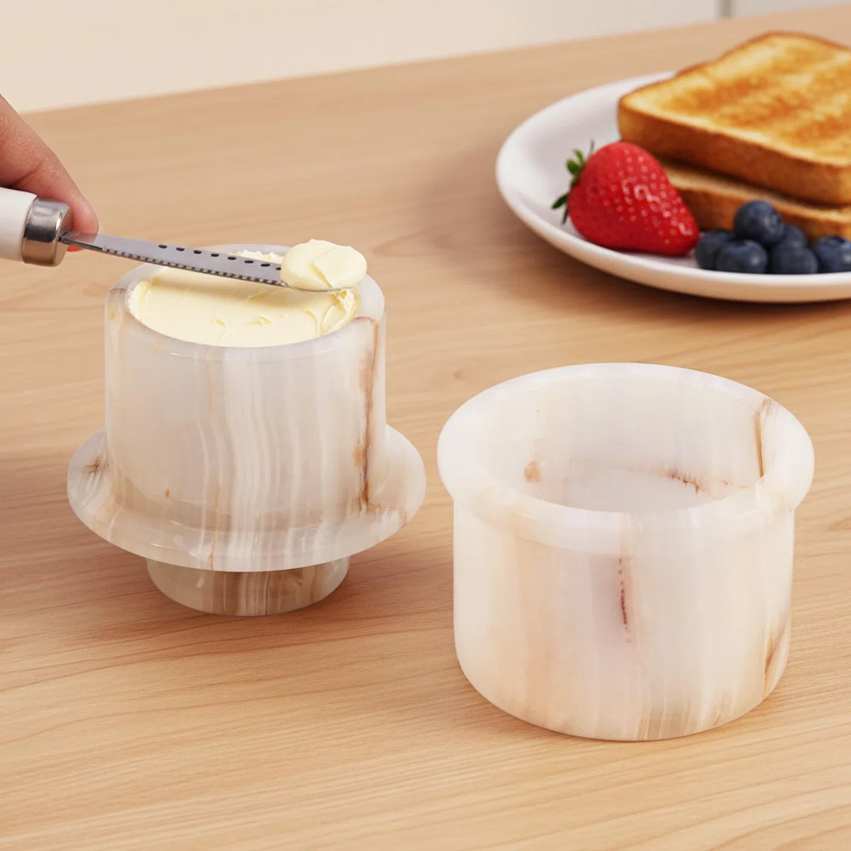 Portaburro in marmo con coperchio e coltello, contenitore per burro francese e piccolo piatto per burro spalmabile, elegante decorazione da cucina e accessorio da tavola fatto a mano