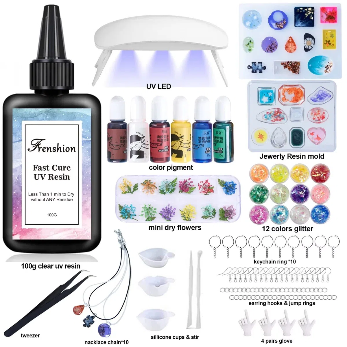 100g UV resina con 116Pcs gioielli che fanno accessori Kit, pigmento di colore, UV resina Starter Kit per gioielli che fanno con luce