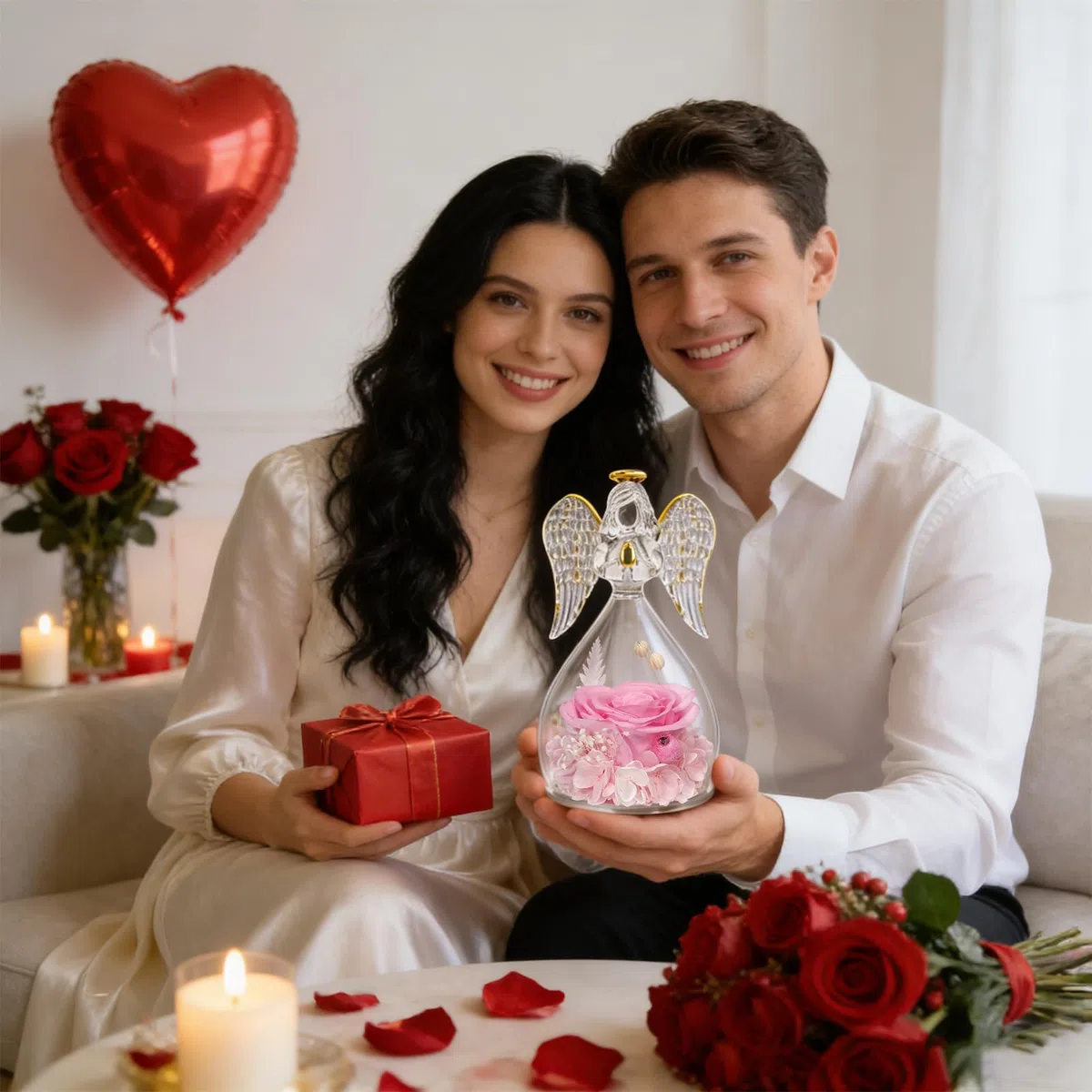 Sunia Rosa Eterna Regalo Donna, Rosa Stabilizzata Vera in Angel Cupola, Angelo Figurine di Vetro per Mamma e Nonna, Regali Compleanno, Natale, San Valentino e Festa della Mamma