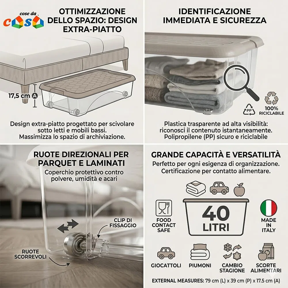 Set di 2 Scatole Sotto letto con Ruote Coperchio grigio 40 lt box basso h17,5 cm per letti Contenitori Salvaspazio in Plastica Trasparente cm 79x39 Ideale per Vestiti e Cambio Stagione Organizzazione