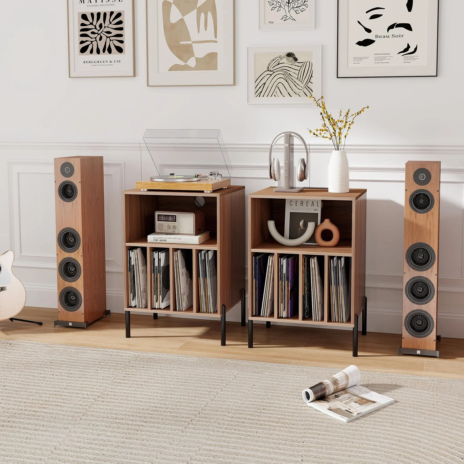 KOMFOTTEU Supporto per Giradischi in Vinil con Stazione di Ricarica, Porta Dischi Vinile Vintege con 5 Scomparti Aperti, Espositore per Dischi Fino a 145 Album per Soggiorno, 53x45x78,5cm (Noce)
