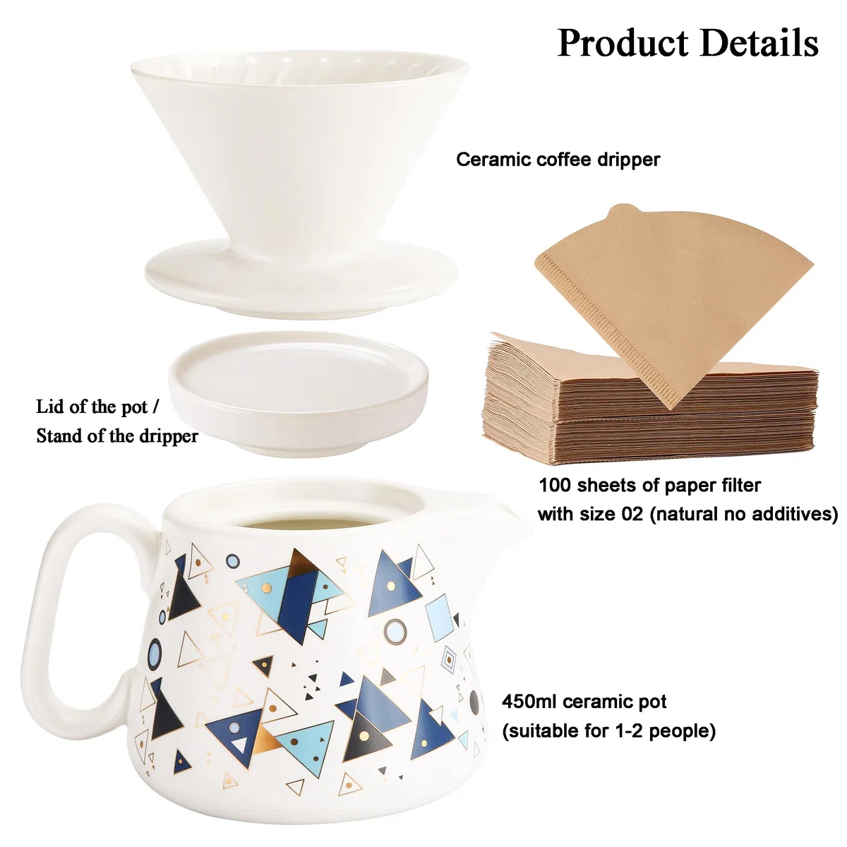 Macchina da caffè versare, gocciolatore in ceramica con 100 filtri di carta misura 02, server da caffè in ceramica con coperchio, 450 ml, adatto per 1-2 persone (bianco A)