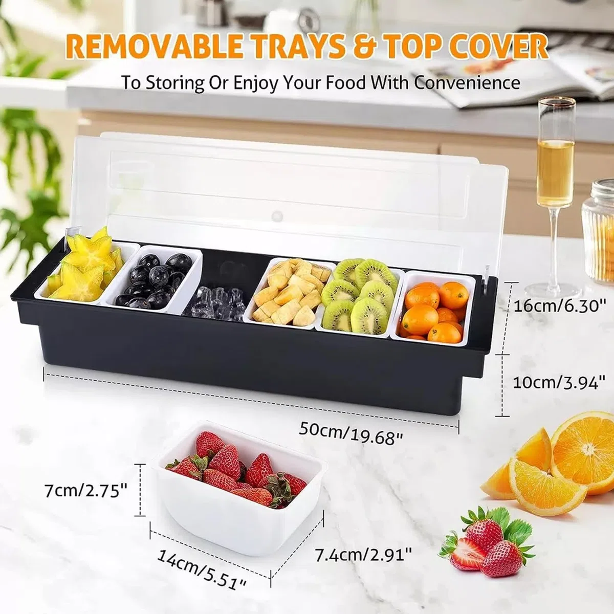 Contenitore per condimenti refrigerati con coperchio, vassoio per frutta e condimenti, con 6 piatti rimovibili, per macedonia di frutta, taco e verdura