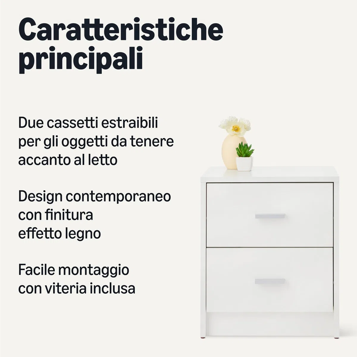 Amazon Basics, Comodino, Comodino a 2 Cassetti, Mobile per Camera da Letto, Bianco, 47cm x 40cm x 36cm