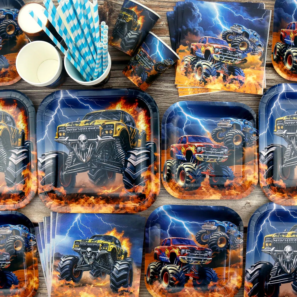 Monster Truck Decorazioni per feste di compleanno – Monster Truck accessori per feste tra cui sfondo, piatti, decorazioni per torte, bicchieri, tovaglioli, palloncini, tovaglia – per 20