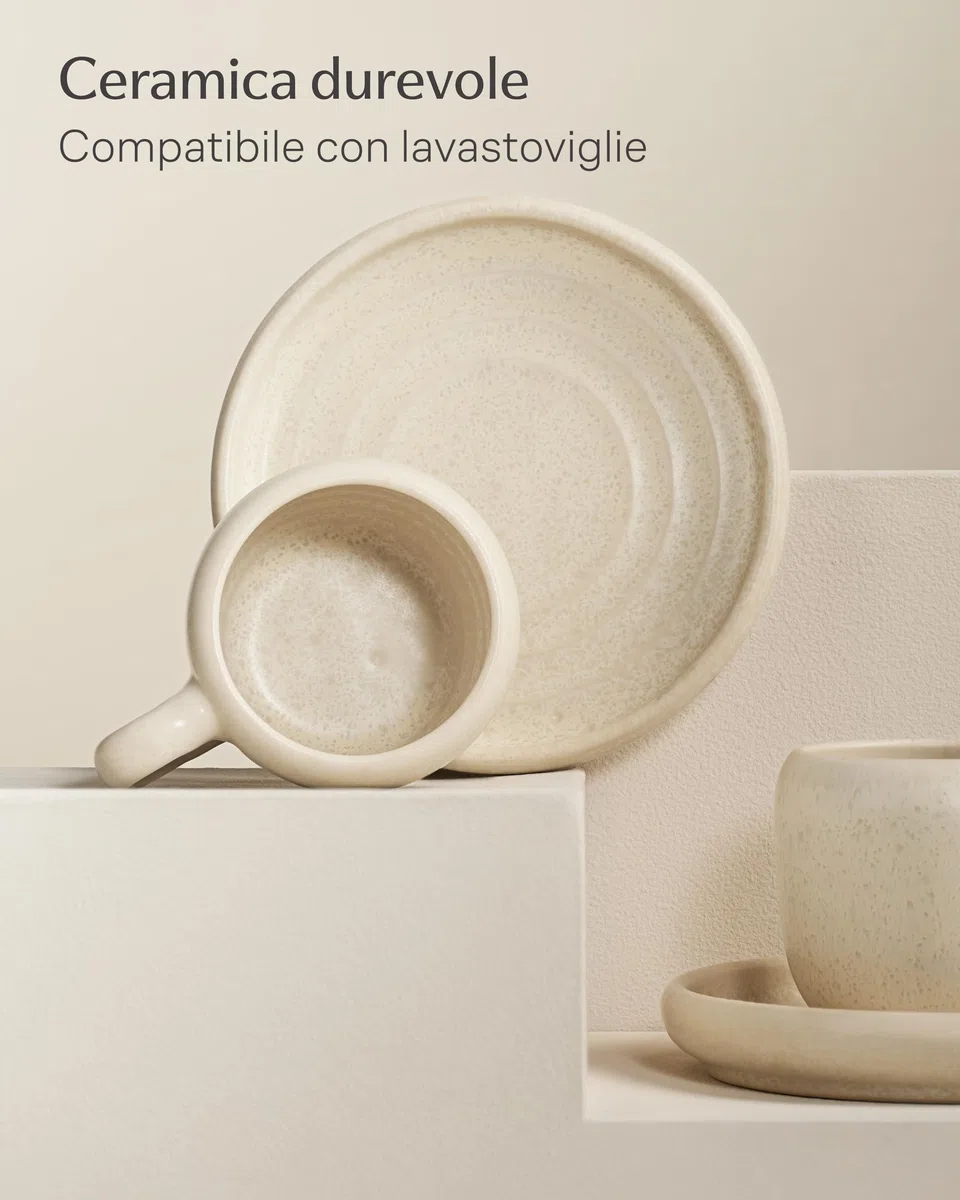 Cosumy Set di 4 Tazzine da Caffè Espresso con Piattini Bianche – Tazze 90 ml in Ceramica – Mantiene il Calore Più a Lungo – Tazzine Eleganti con Smaltatura Artigianale – Set Tazzine Caffe