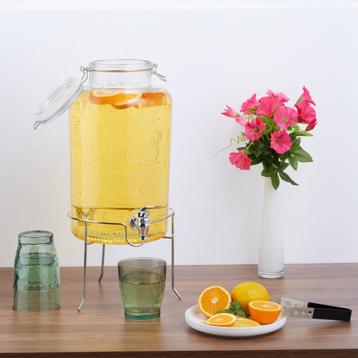 Relaxdays Dispenser in Vetro per Bevande, Erogatore 8 L Rubinetto, Coperchio e Rialzo, Distribuitore Acqua e Limonata