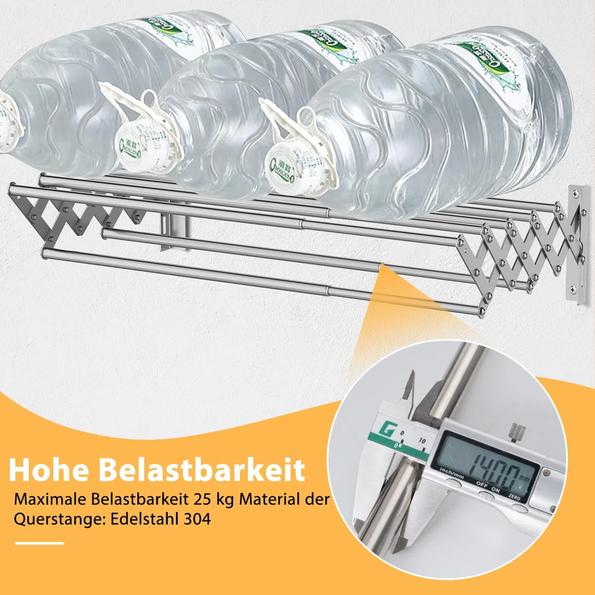 OUUTMEE Stendibiancheria a Parete in Acciaio Inox, Allungabile, Area Telescopica Anteriore e Posteriore: 12~36cm, con Sette Barre di Trazione, Capacità di Carico 25kg (Argento)