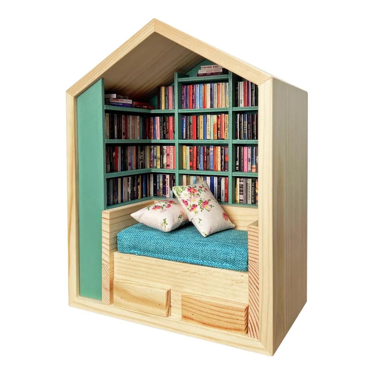 Libreria per l'Ansia, Scaffale per Allontanare l'Ansia, Mini Libreria con 200 Mini Libri, Antistress, Miniatura in Legno di Libreria, Ornamento per Libreria (1, Forma di Casa)