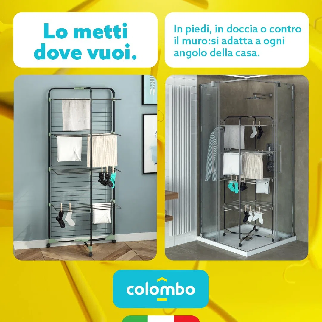 Colombo Stendibiancheria Verticale Tower 40 | Stendino Verticale Pieghevole Salvaspazio in Acciaio Antiruggine con Ruote Antigraffio, Portagrucce | 10 Mollette Incluse | Stenditura 40m | Made in Italy
