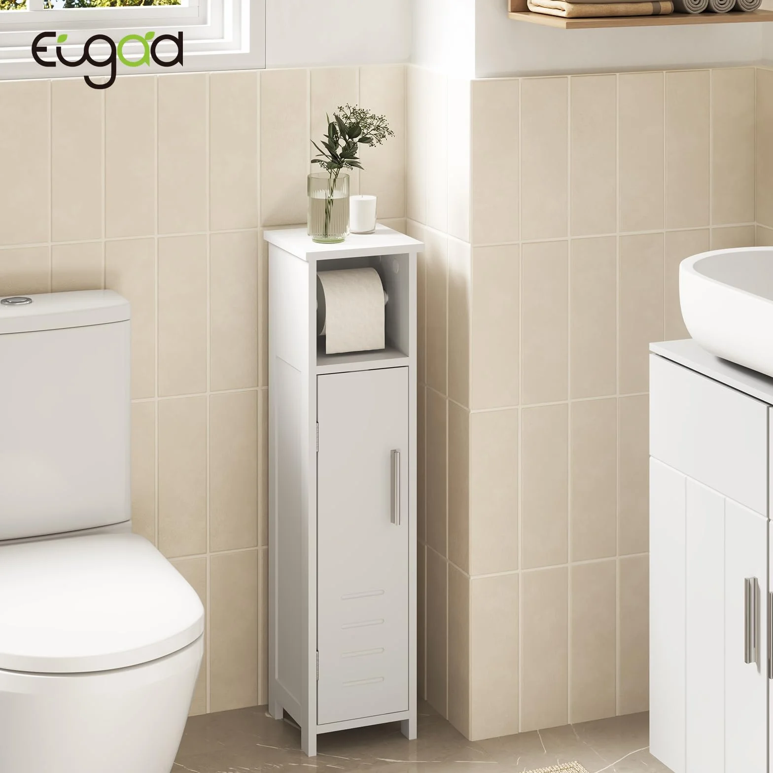 EUGAD Porta Carta Igienica da Terra, Mobile a Colonna, Mobiletto da Bagno Salvaspazio Stretto con Anta, Portarotolo Carta Igienica Bianco, in Legno, 18x18x71 cm
