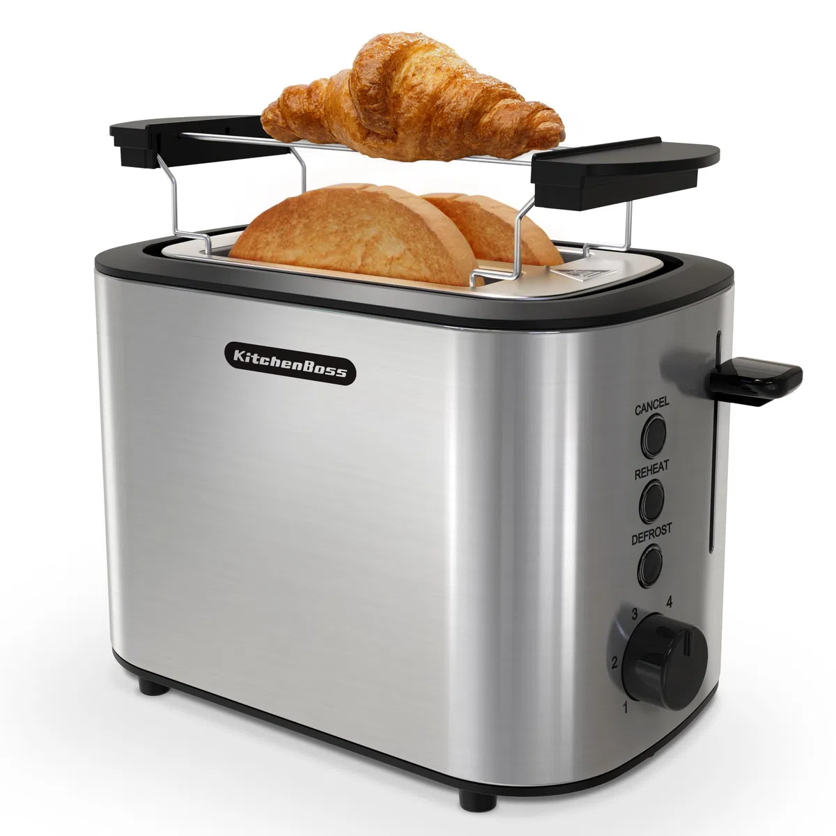 KitchenBoss Tostapane in Acciaio Inox：Tostapane per 2 fette con Pinze, 6 Livelli di Tostatura, con Cassetto Raccoglibriciole e Griglia per il Pane, Funzione di Spegnimento Auto e Sbrinamento, 870 W