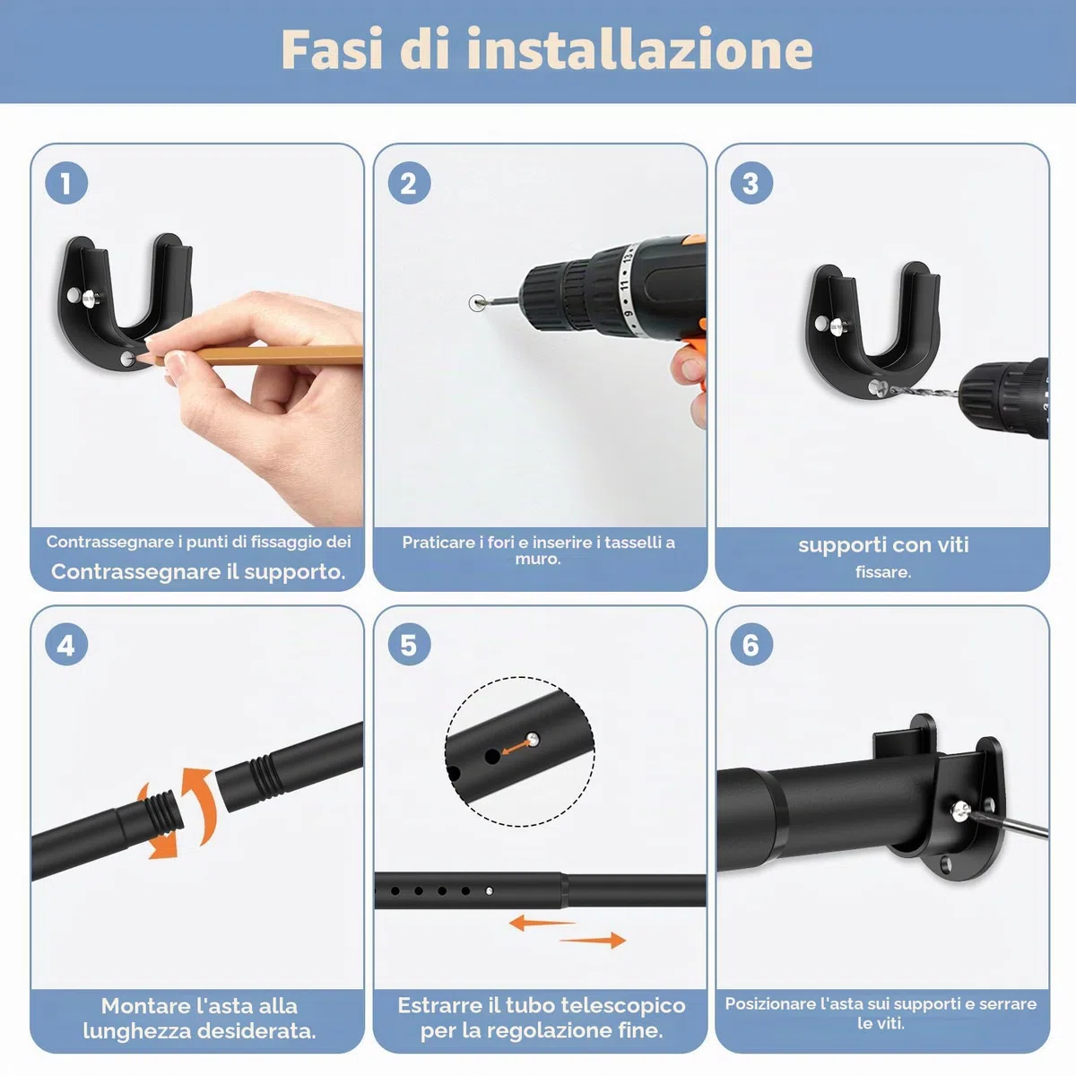 Bastone appendiabiti estensibile nero, 74-130 cm, appendiabiti robusto con punte, diametro 33 mm, adatto per armadi, balconi, bagni.