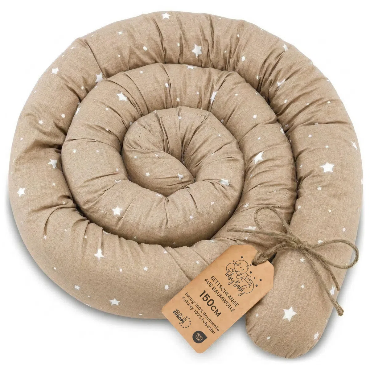 Totsy Baby Cuscino per dormire laterale e per il corpo 150 cm - Cotone Cuscino lungo Decorazione per cameretta bambina e bambino Oeko-Tex Beige con stelle bianche