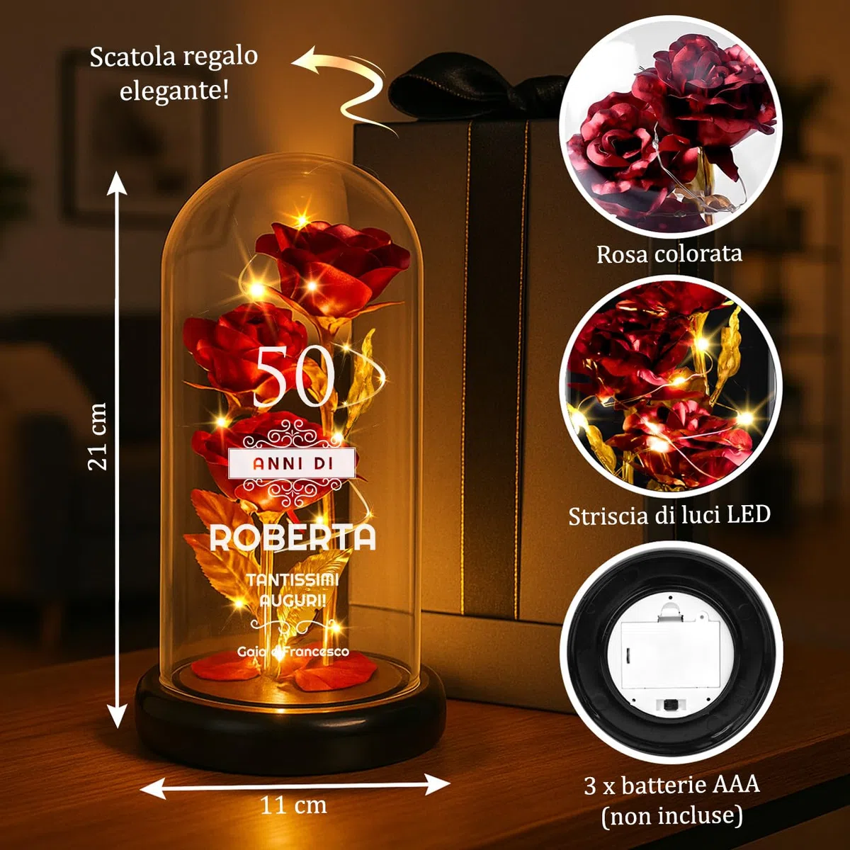 Maverton Rosa Stabilizzata con LED Personalizzata - Regalo Donna Compleanno Elegante - Rosa Eterna in Cupola di Vetro - Idee Regalo Donna - Dimensioni 21 cm x 11 cm