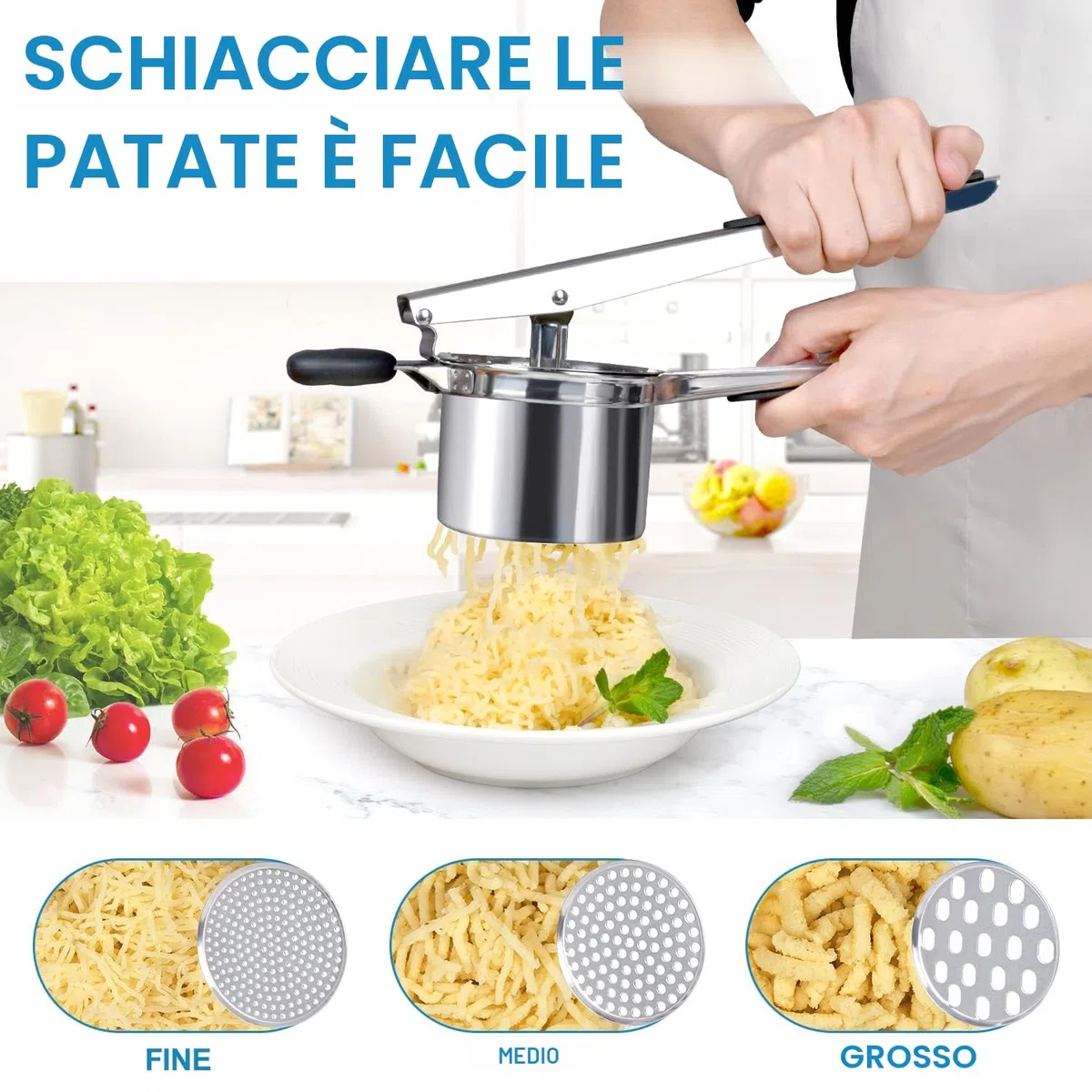 Sopito Schiacciapatate, schiacciapatate con 3 colini intercambiabili, in acciaio inox per purè di patate, purè di verdure, succhi di frutta e ricetta alimentare