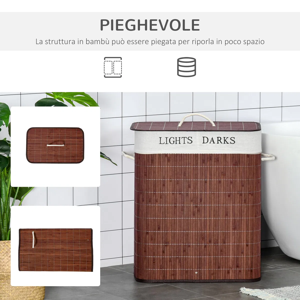 HOMCOM Cesto Portabiancheria in Bambù da 100L, Cesto Portabiancheria Salvaspazio con Coperchio e Maniglie, Moderno, Sacco in Tessuto, 2 Scomparti per Panni Sporchi, Marrone