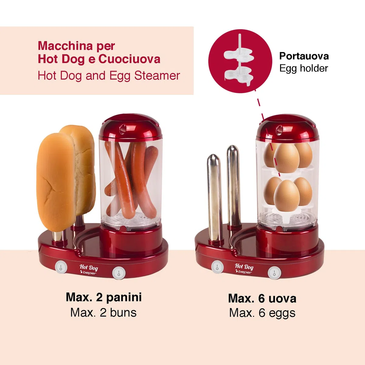 BEPER P101CUD502 Macchina per Hot Dog e Cuociuova 3in1, Cuocitore a Vapore per Wurstel e Uova, Scaldapane con 2 Aste in Acciaio Inox, 440W, Doppio Interruttore