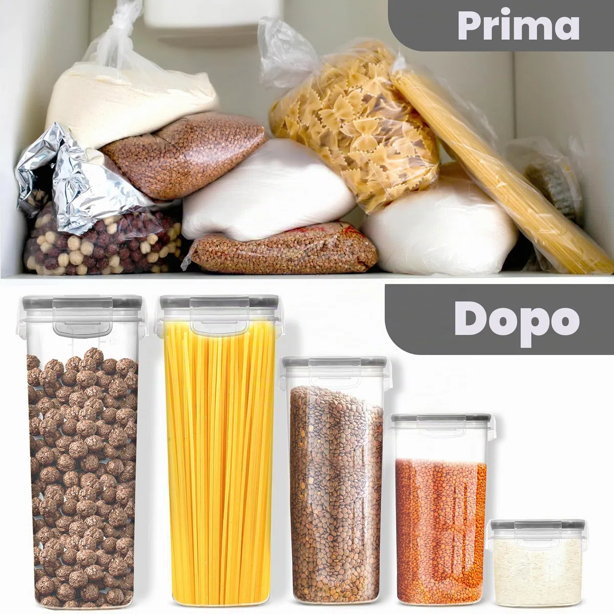 KICHLY, contenitori ermetici per alimenti con coperchi (confezione da 24) - Organizzatori e contenitori per dispensa - Contenitori per dispensa o cucina senza BPA - Ideali per cereali, farina