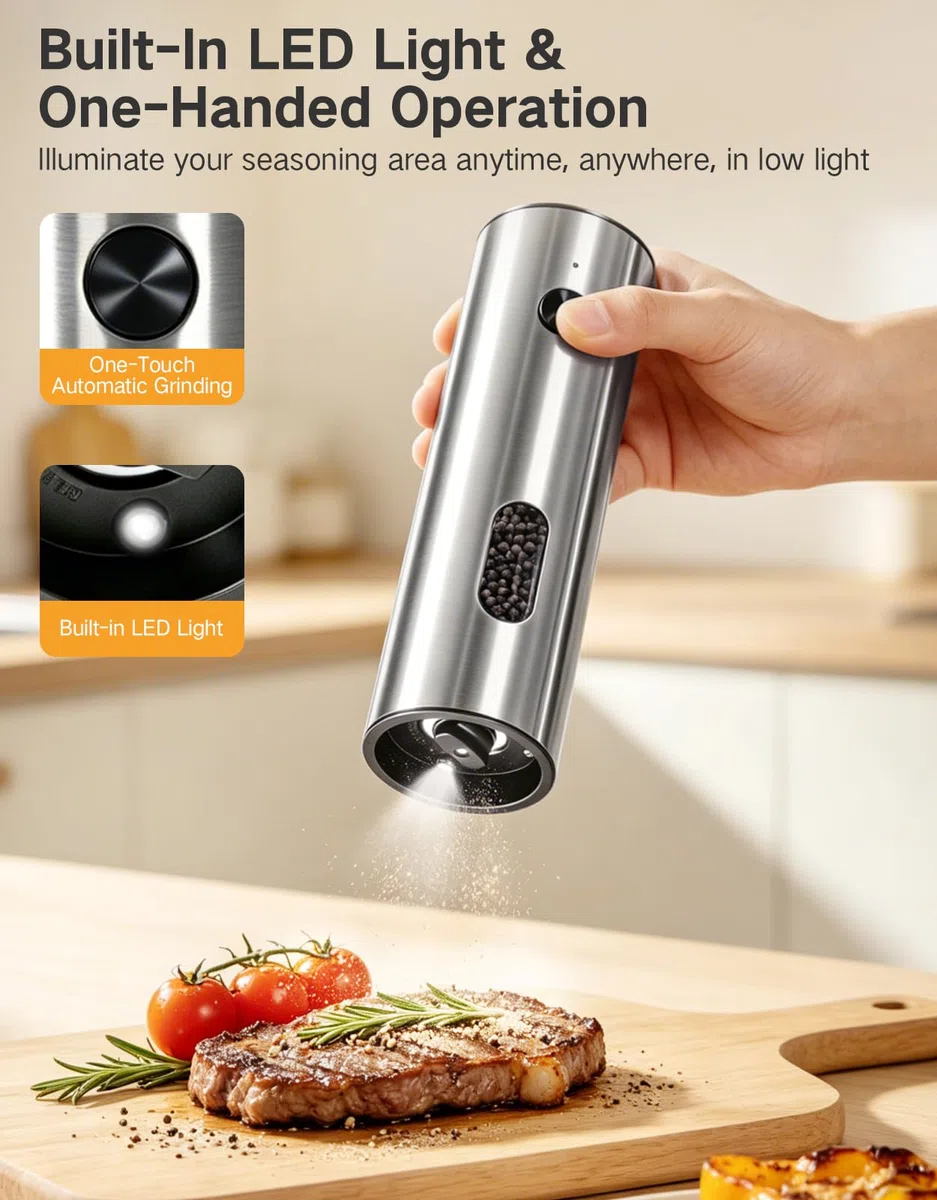 Molino Eléctrico Sal y Pimienta Recargable Set de 2 Piezas 110 ml Base de Carga USB-C Luz LED Grado de Molienda Ajustable Automático Ideal Regalo Cocina y Hogar