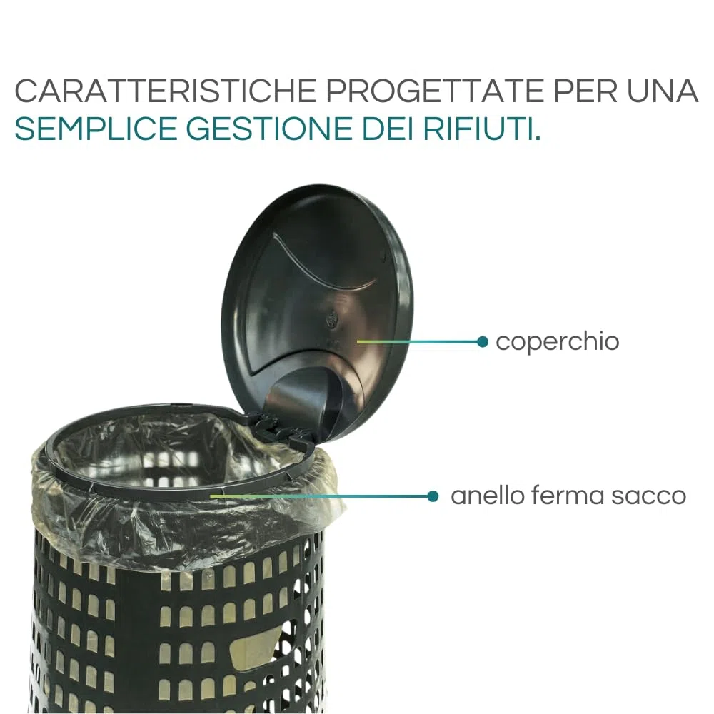 PALUPLUS Trespolo Portasacco in Polietilene, Capacità 110 Litri e Misura 51x85 cm, Bidone con Coperchio e Reggi Sacco, Secchio per Riufiuti Differenziati -110F (Grigio)