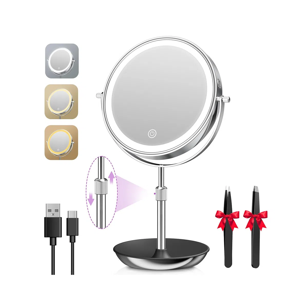 Auxmir Specchio Trucco con Luci Ricaricabile, Specchio Ingranditore 30X/1X Altezza Regolabile da 38-47cm, 3 Colori di Luci Luminosità Regolabile Girevole a 360°Specchio da Tavolo con Contenitore