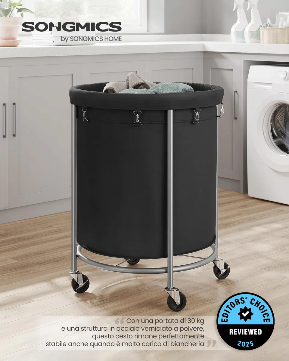 SONGMICS Cesto Portabiancheria con Ruote, Cesta per il Bucato, 170L, Cesto Rotondo con Struttura in Acciaio e Sacco Rimovibile, 4 Ruote e 2 Freni, Nero e Argento RLS001B01