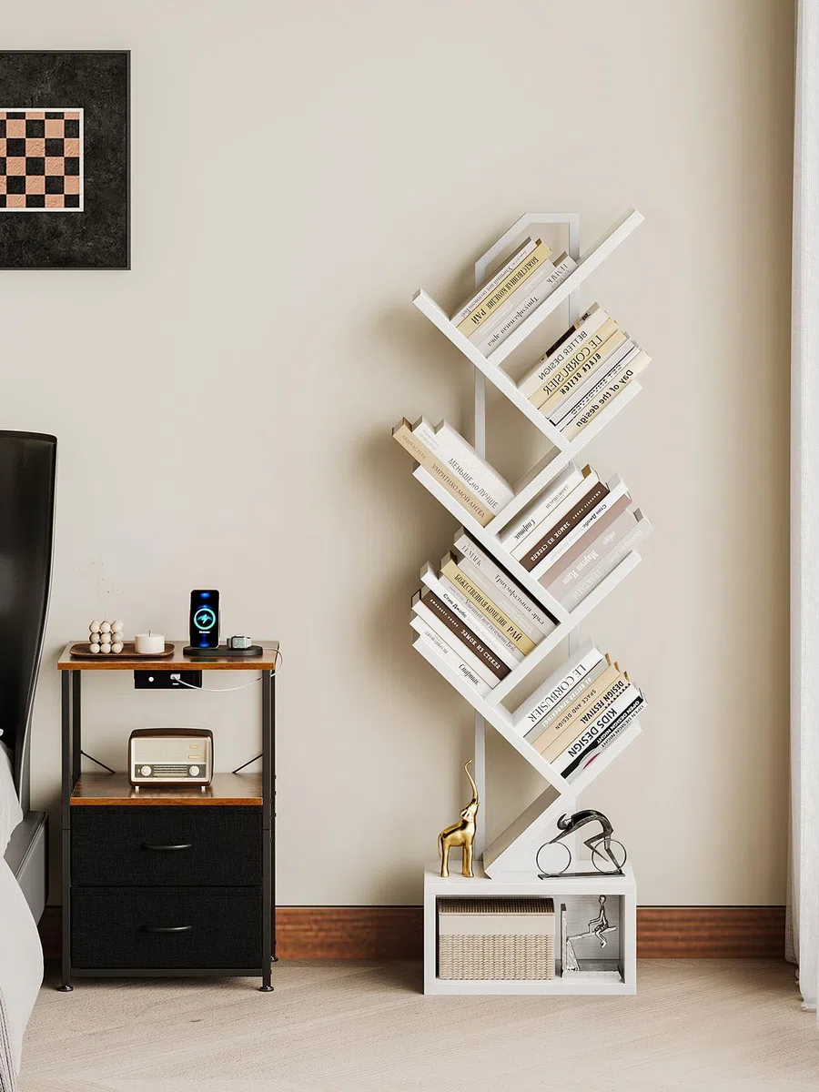 Coleshome Libreria ad Albero, Scaffale a 6 Ripiani con Divisori, Scaffale Legno Adatto per Soggiorni e Camere da Letto, Bianco