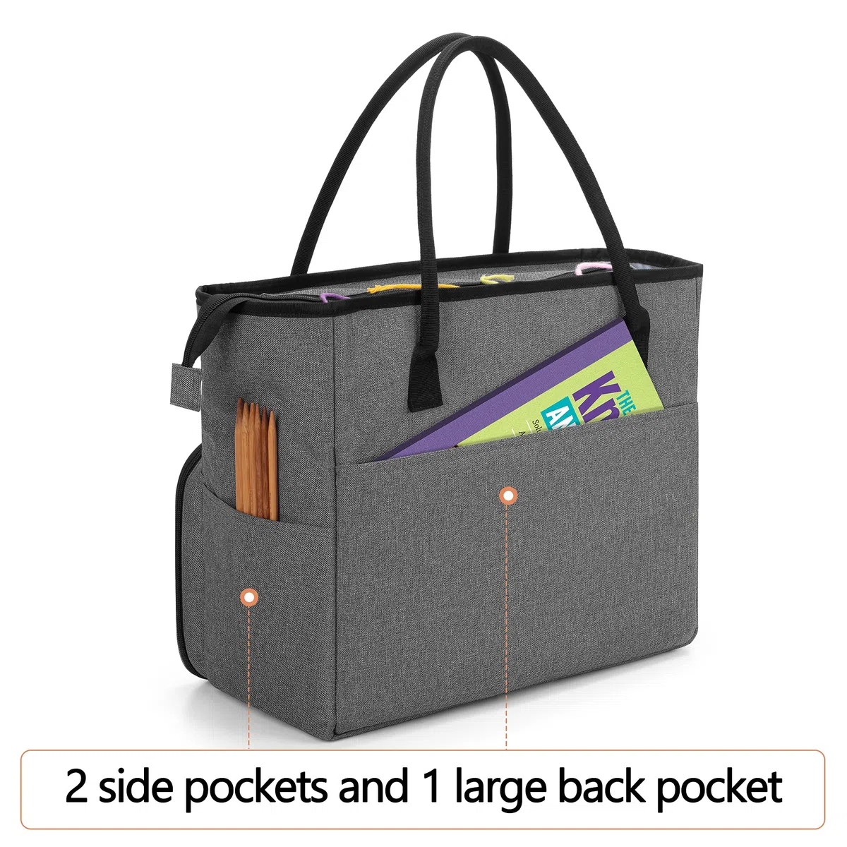 Yarwo Borsa per Lavoro a Maglia e Tote per Lana Gomitolo, Ferri da Maglia o Altri Accessori, Grigio con Motivo a Freccia (Solo Borsa)