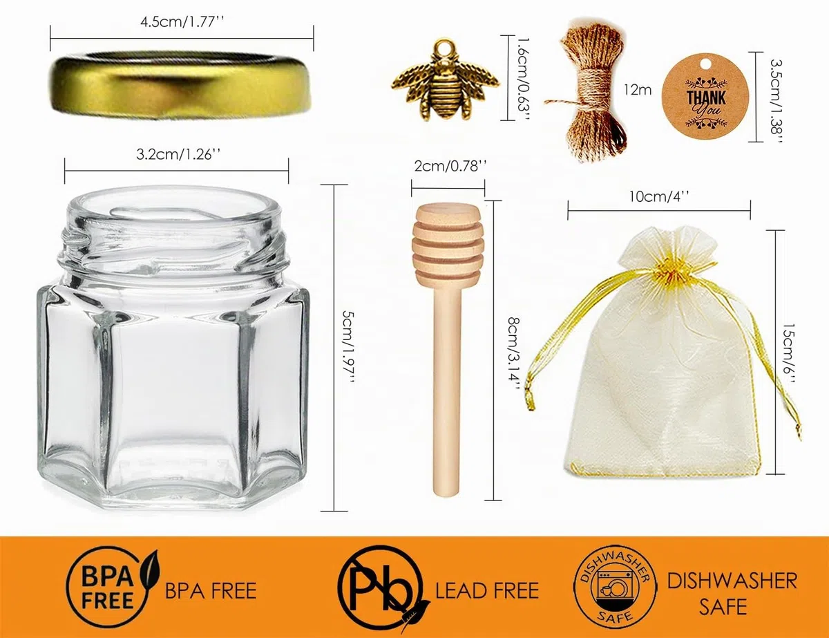 Vasetti Miele, Piccoli Barattoli Bomboniere Ber la Comunione, Contenitori per miele Bomboniere, Barattolini Miele Sacchetti Organza per Natale Battesimo, 20 Pezzi 45ml