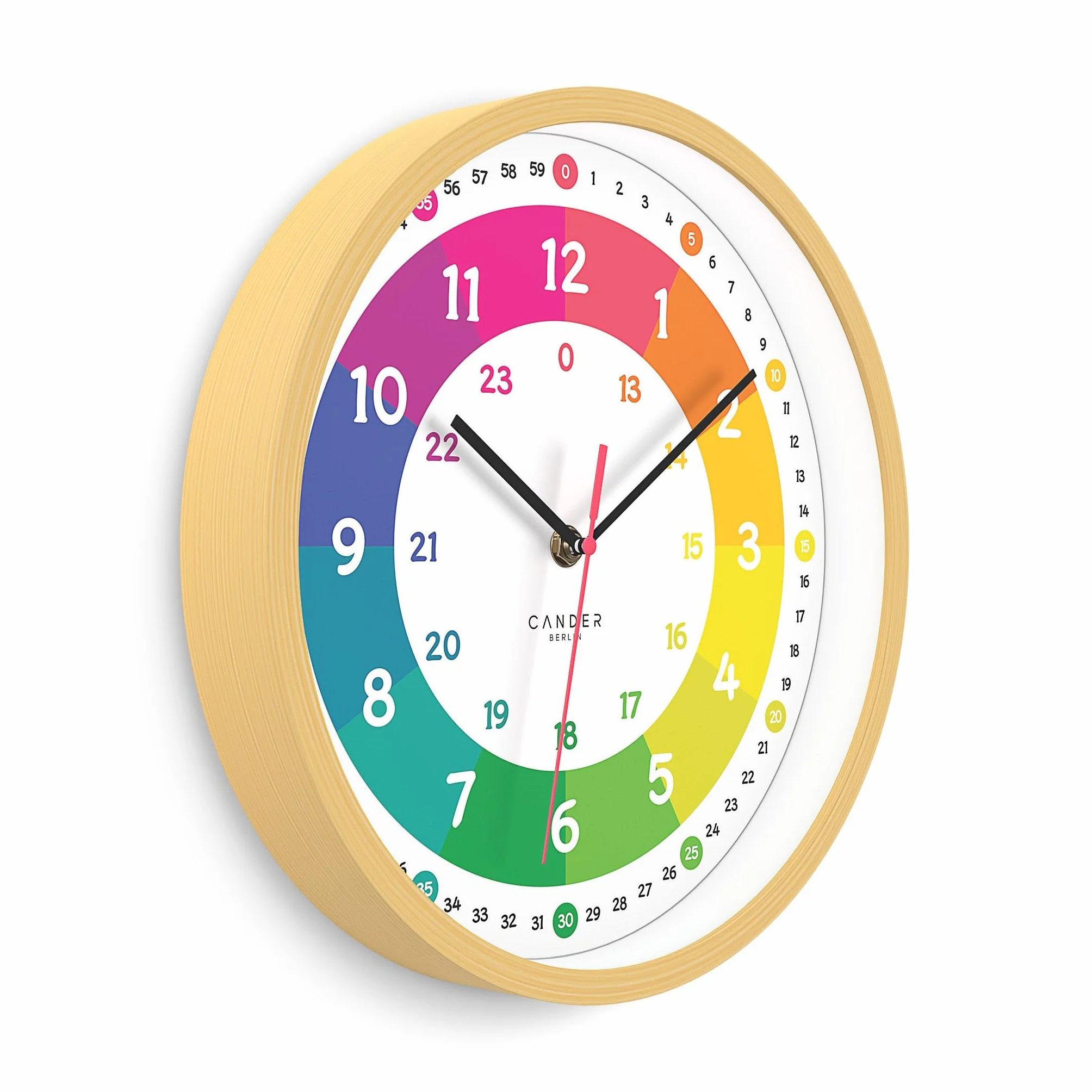 Cander Berlin MNU 2425 R Orologio da parete per bambini, silenzioso, 25 cm, effetto legno, analogico, per ragazzi e ragazze, senza ticchettio, colorato
