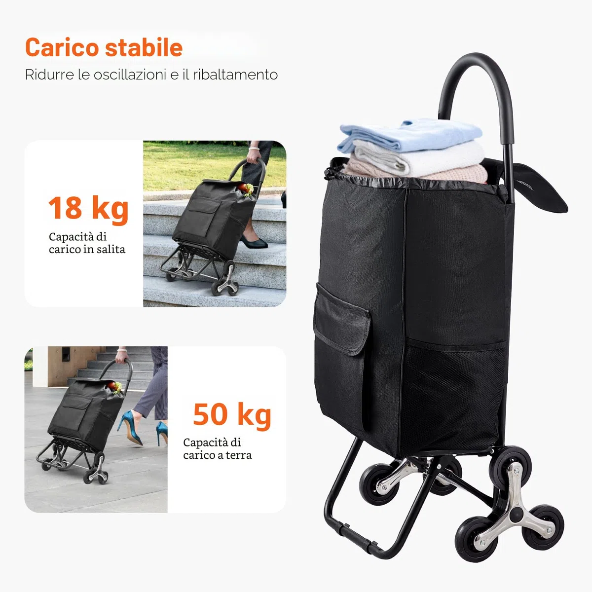 VEVOR Carrello Saliscale, Carrello Spesa Pieghevole da 36L, Carrello Spesa Carrello Lavanderia Carrello Saliscale con 6 Ruote e Borsa in Tessuto Oxford, Carrello Pieghevole per Spesa Lavanderia, Nero