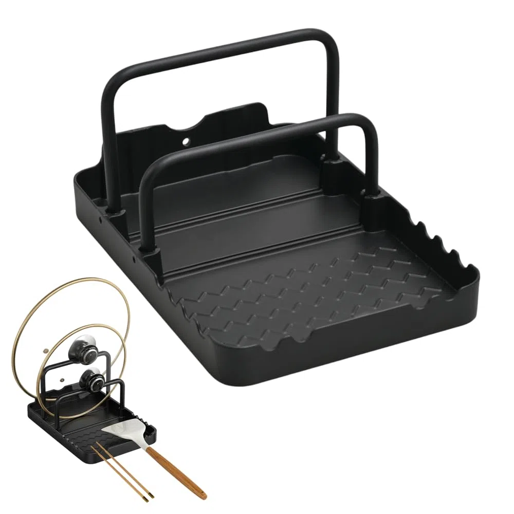 MiOYOOW Supporto per Coperchio di Pentola in Alluminio, Porta Coperchi Antiscivolo con Poggia Cucchiaio, Organizer Regolabile da Cucina per Teglie da Forno, Pentole, Piano Cottura, Barbecue