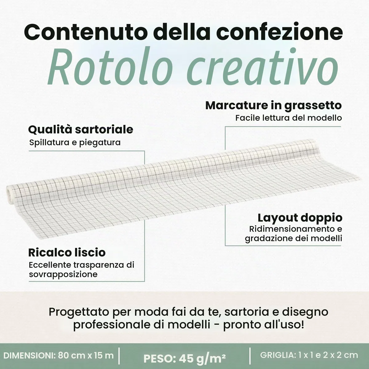 Rotolo di carta a quadretti per realizzare cartamodelli per abiti da donna, larghezza: 80 cm, 15 m